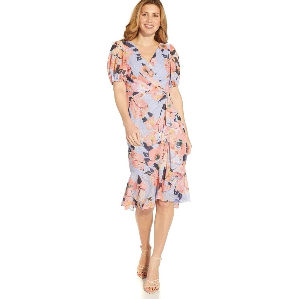 Adrianna Papell FLORAL FAUX WRAP SWISS DOT DRESS